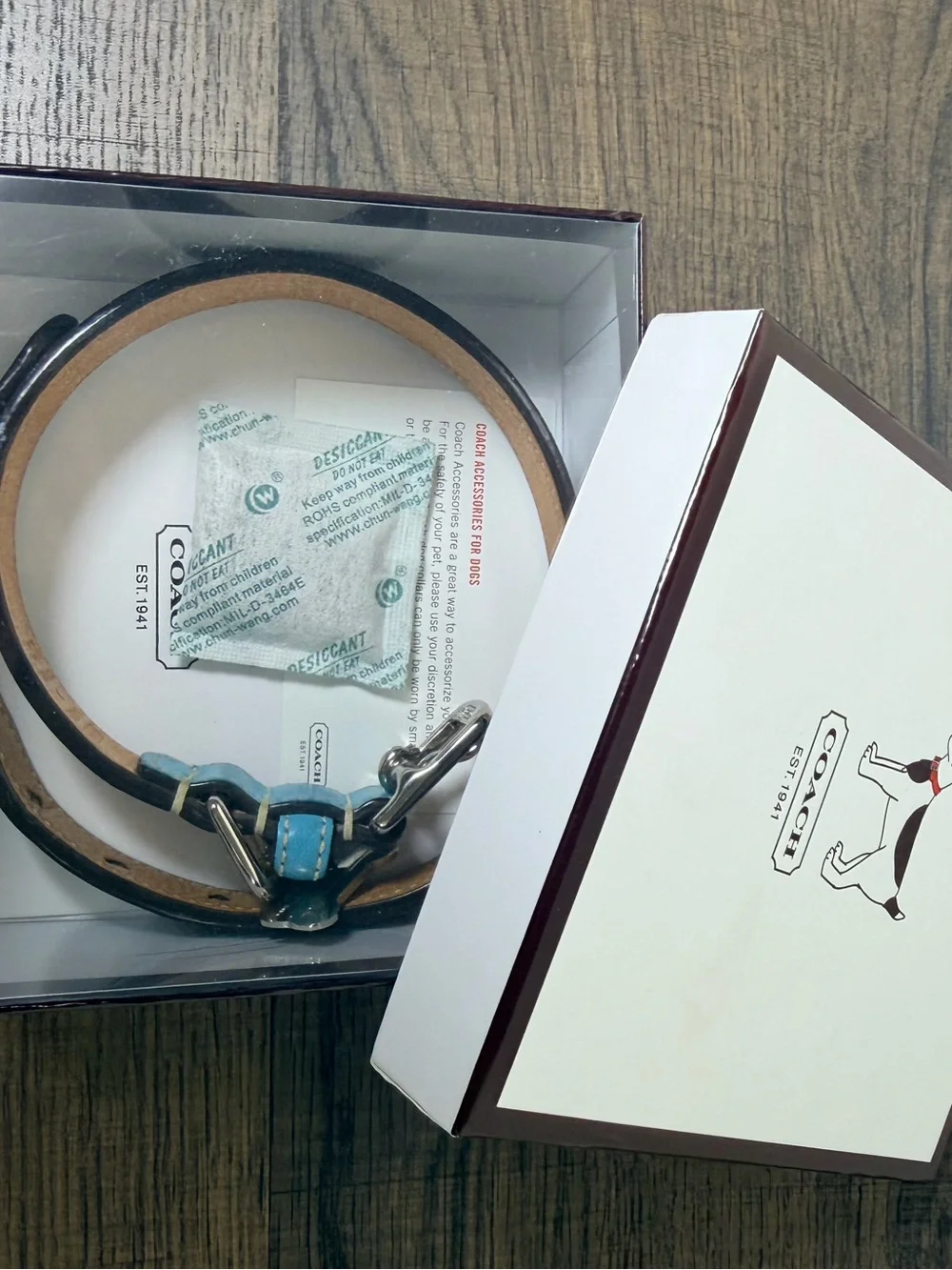 Coach Turquoise and Beige Signature Canvas & Leather Dog Collar with Bone Tag